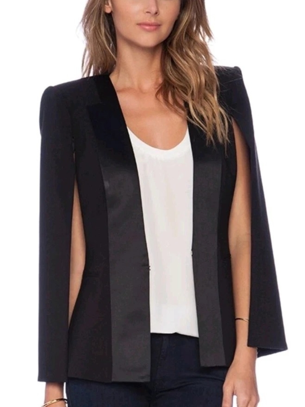 BCBGMaxAzria Black Cape Blazer with Satin Trim